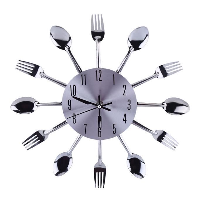 Horloge murale de cuisine, grand miroir 3D Surface Silver Design moderne Couverts Ustensile de cuisine Cuillère Fourchette Horloge