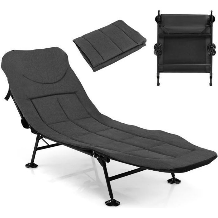 COSTWAY Lit de Camp Pliable 194 x 69 x 29 cm avec Dossier Réglable 6 Positions Matelas et Oreiller Amovibles 200 KG Gris