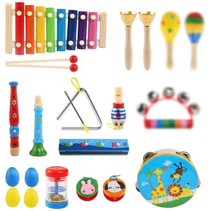 HILABEE Ensemble de 6 Pcs d'Instruments de Musique pour Bébé Tambourin Xylophone Jouet pour Enfants Cadeau