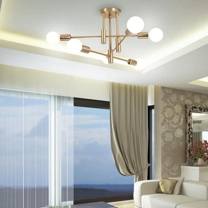 MOGOD Plafonnier Lustre Industriel 6 Lampes Plafonnier Vintage Aluminium Moderne Doré E27 Luminaire pour Salon Cuisine