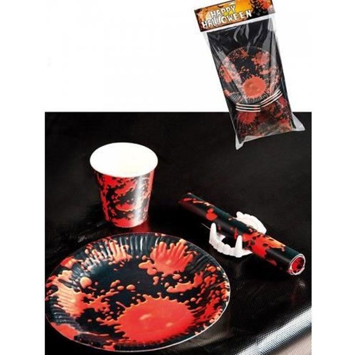 Kit de décoration pour table - GENERIQUE - Kit 6 personnes - Noir maculé de sang - Nappe assiettes gobelets - Thème Horreur