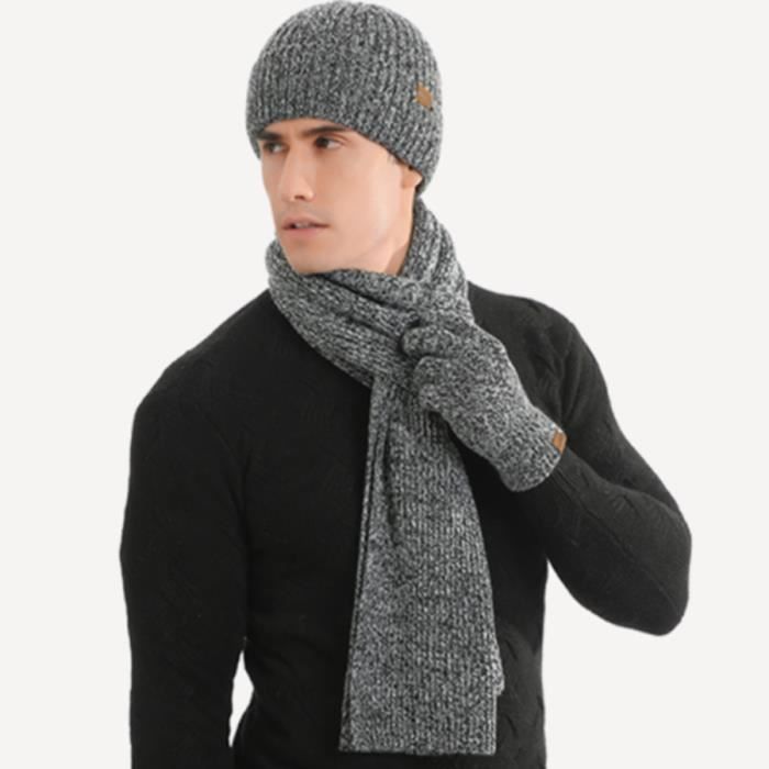 Chapeau+Gants+Écharpe 3PCS Ensemble pour Homme Doux Chaud Bonnet