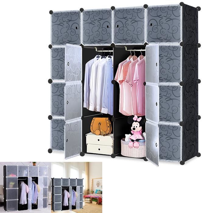 Armoire de Chambre Rangement 16 cuboïdes - LILIIN - Noir - DIY - Plastique PP