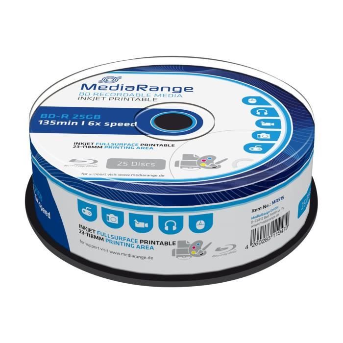 MediaRange 25 x BD R 25 Go 6x surface imprimable par jet d'encre spindle