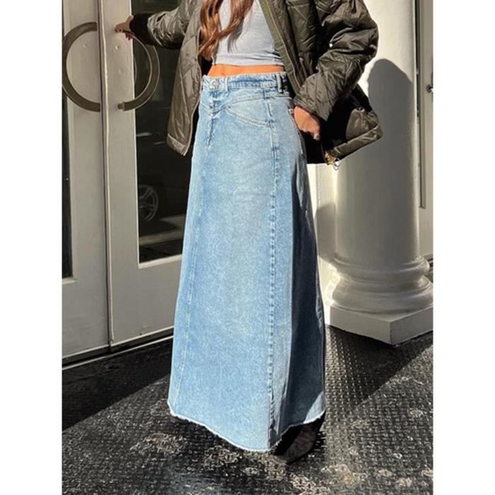 Jupe Jupe longue droite en Denim style Streetwear taille haute bouton mode decontractee retro printemps ete Blue F61004 Blanc Cdiscount Pret a Porter