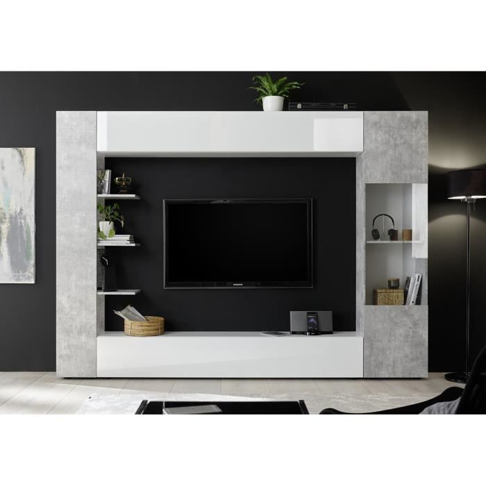 Composition de meubles de salon design avec nombreux rangements collection VASCO. Coloris blanc laqué et gris effet béton.