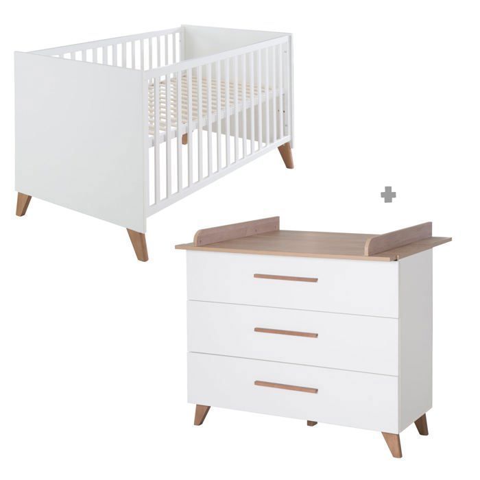 Ensemble Lit Bébé Et Commode à Langer SOFIE Style Scandinave | Blanc 120x60cm | 3 Hauteurs Réglables | Fabriqué En UE