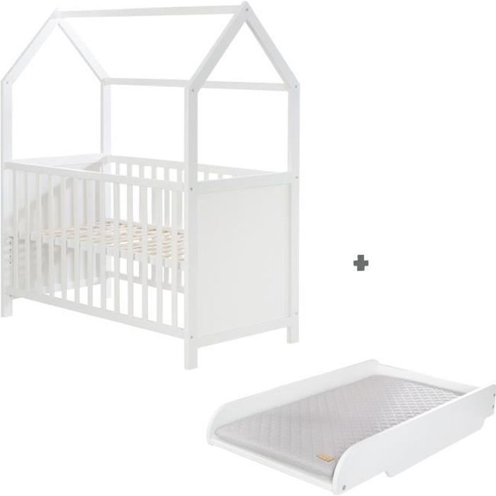 ROBA Lit Bébé Cabane 60x120 cm + Plan et Matelas à langer - Convertible en Lit Cododo - Hauteur Réglable - Bois Laqué Blanc
