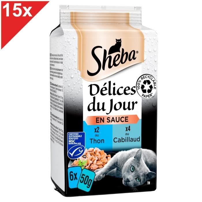 Meilleurs prix pour Pâtée pour chat adulte SHEBA Délices du Jour - Thon Cabillaud Saumon - 90 Sachets 50g (15x6)