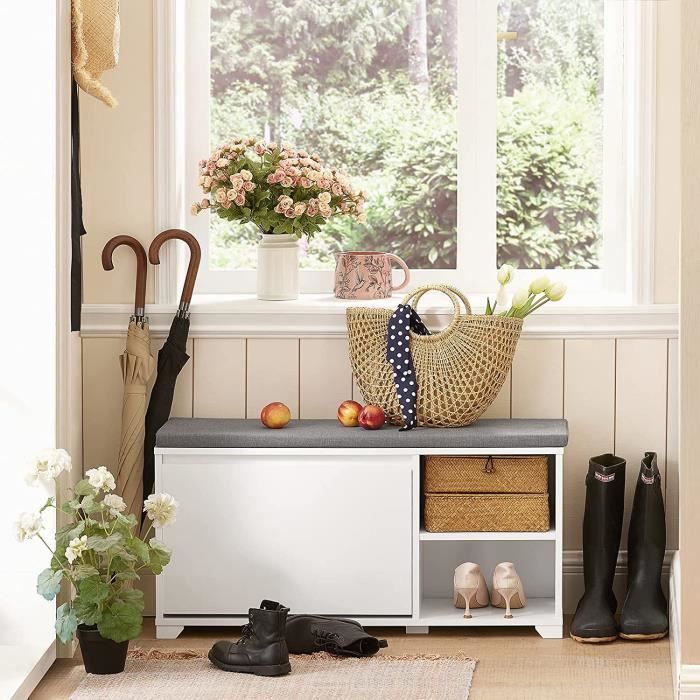 SoBuy FSR119-W Banc à Chaussures avec Coussin Rembourré 1 abattant et 2 Compartiments Ouverts 90x24x46cm Blanc