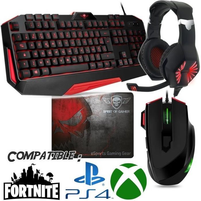 Pack gamer Clavier, Souris, casque et tapis compatible Fortnite