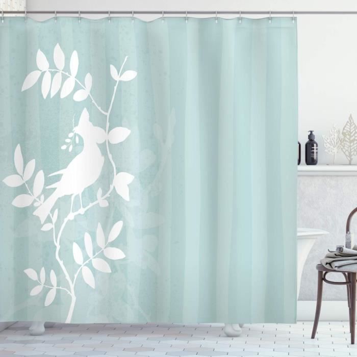 Rideau De Douche Paon - 175x220 Cm - Tissu Polyester, Imprimé Plumes - Blanc/Bleu Taupe - Avec Crochets