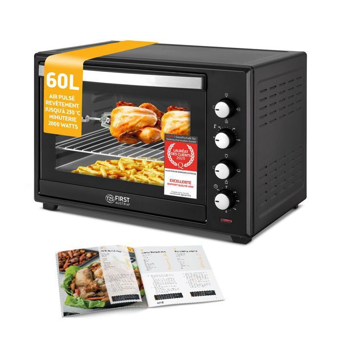 Mini Four Électrique 60L 2000W Revêtement Premium-X Four convection 100-230°C Minuteur 60 Min Double Vitrage