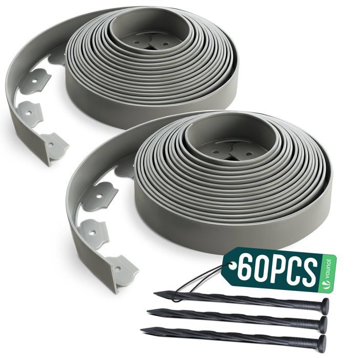VOUNOT® Bordure de jardin flexible plastique 20m avec 60 piquets gris - hauteur 5cm - épaisseur 4mm - résistante aux intempéries