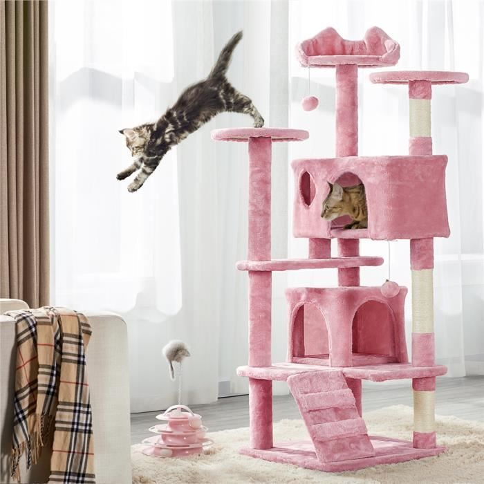 Meilleurs prix pour Arbre à Chat Rose - Yaheetech -  Hauteur 138,5cm - 2 Niches 3 Plateformes 2 Boules Sisal Naturel - Arbre à Grimper Multi- 3-4 Chats