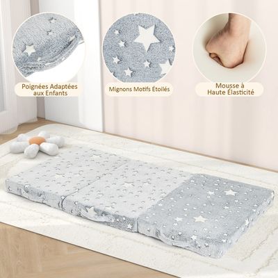 Tapis De Sieste Pliable Pour Tout-Petits 50x117 Cm – Avec Oreiller Et Couverture – Sac De Couchage Portable à Sangles – Bleu Marine Étoiles