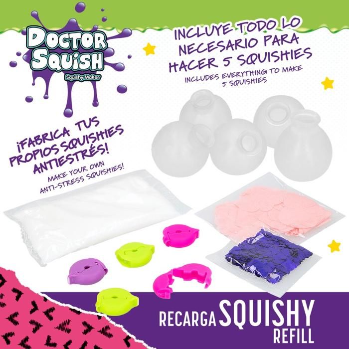 Recharge Doctor Squish Glow It ! Lot De 6 Squishies TPR Avec 6 Clips Réutilisables, Poudre Slime, Confettis Et Paillettes - Compatible Machine Squishy Maker Dès 8 Ans