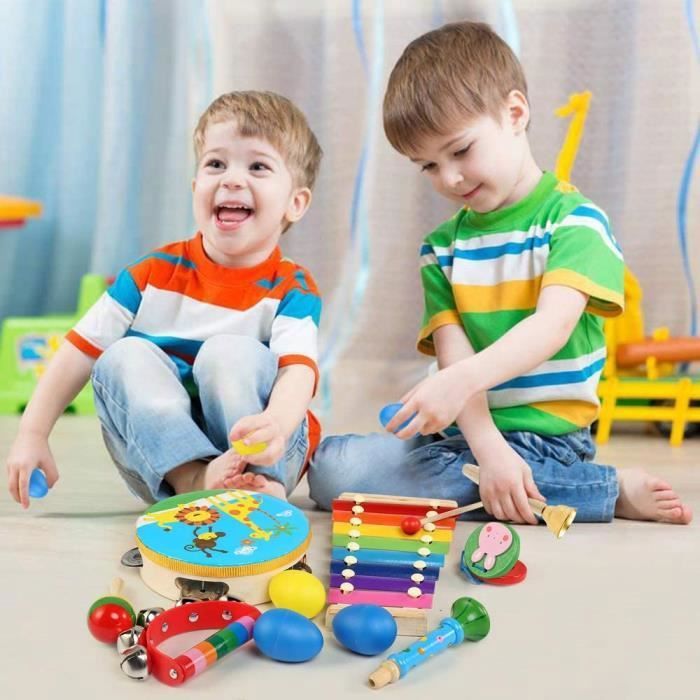 STOIE'S 15 PCS Instrument de Musique Enfant en Bois Tambourin Batteries et Percussions pour Enfants Montessori Instruments de Musique Bebe Sac de Musique Enfant