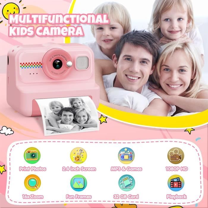 Appareil Photo Instantané Pour Enfant – 12MP, Vidéo HD 1080p, Impression Sans Encre, 32Go, étui Cadeau Appareil Photo Instantané Pour Enfant – 12MP, Vidéo HD 1080p, Impression Sans Encre, 32Go, étui Cadeau