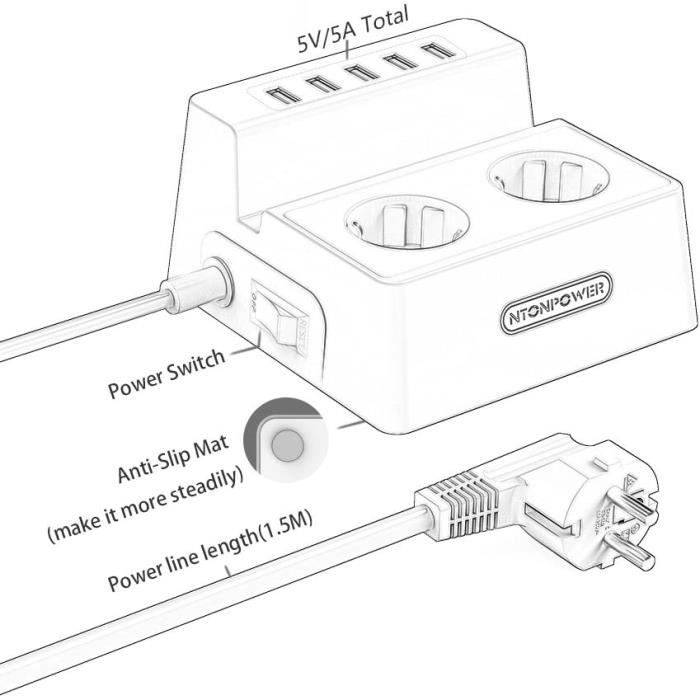 NTONPOWER Multiprise Electrique USB, Multiprise Pare foudre avec 4 Prises  et 4 Ports USB, Long Cordon de 3 m, avec Interrupteurs, Anti foudre
