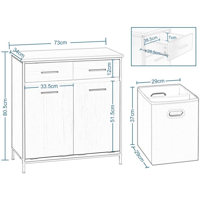EUGAD Armoire Salle De Bain Étroite – 2 Tiroirs + 2 Paniers Linge Basculants – Meuble WC Chêne Clair & Noir – 72,5x34x80 Cm