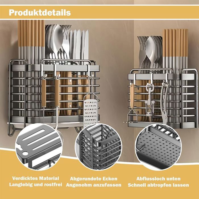 Porte-ustensiles En Bois à 3 Compartiments - Fond Drainage, Poignées - Style Rustique Blanc Pour Rangement Cuisine - 5