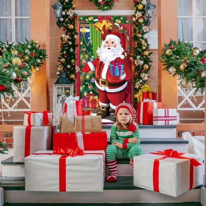 Rideau de porte de Noël plat 2D, conception de scène de train du Père Noël et des renne