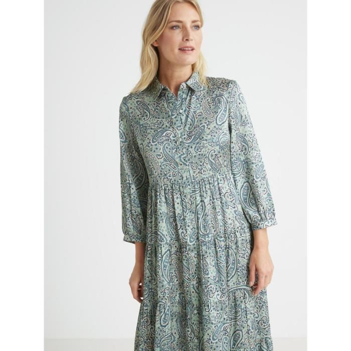 BALSAMIK by Daxon Robe volantee col chemisier Imprime vert Vert bleu Cdiscount Pret a Porter