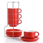 SWEEJAR HOME SWEEJAR Tasses à Café Empilables en Céramique - Lot de 4 Tasses Expresso 110 ml Avec Soucoupes Et Support - Rouge