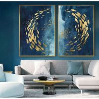 Poisson d'or chinois toile,peinture abstraite bleu affiche impression Wall Art pour salon couloir or tableaux image No frame