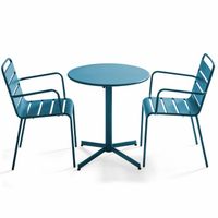 Ensemble table et fauteuils de jardin bistrot rabattable - OVIALA - Palavas - Acier - Bleu Pacific - 70 x 72 cm