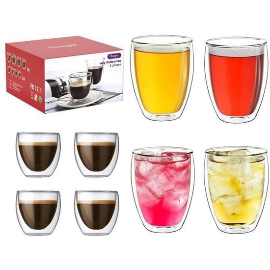 Tasse à Café/Expresso - CHANGM - Set De 8 - Verre Borosilicate - 4x80ml + 4x250ml - Isotherme - Maison