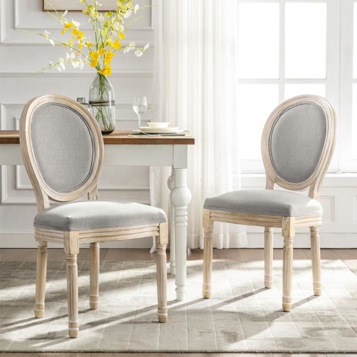 Lot de 2 chaises médaillon VERSAILLES style louis XVI Lot de 2 chaises de salle à manger - Pied bois - Tissu gris