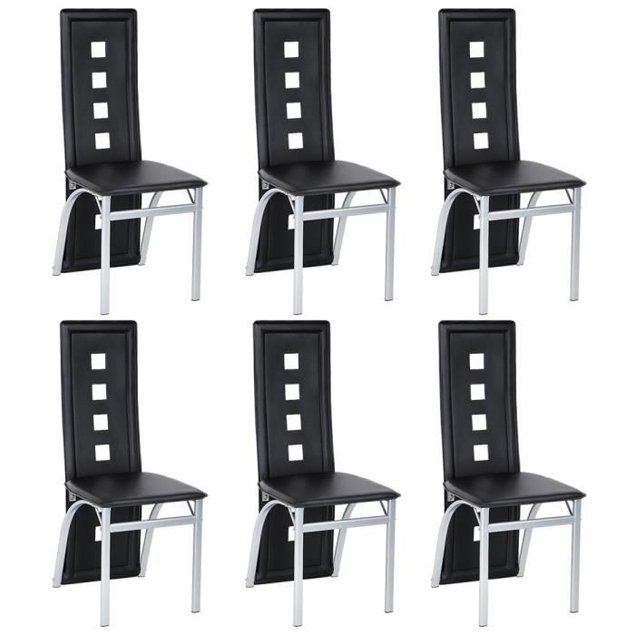 HEk Lot de 6 chaises de salle à manger en cuir simili haute dossier 6 trous - noir