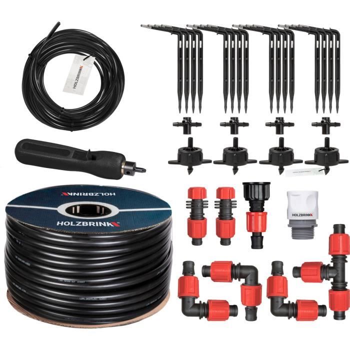 HOLZBRINK Kit d'arrosage goutte à goutte - système d'irrigation - serre - jardin - 30m Tuyau LDPE 16mm, 4x goutteur 4l/h