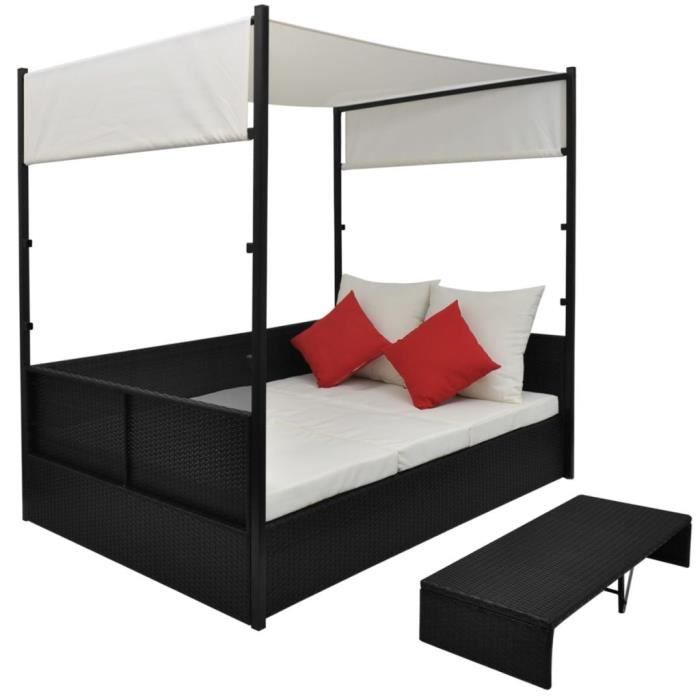 Top Ventes Lit de jardin Lit de camping - Chaise longue avec auvent Noir 190x130 cm Résine tressée FR5127R