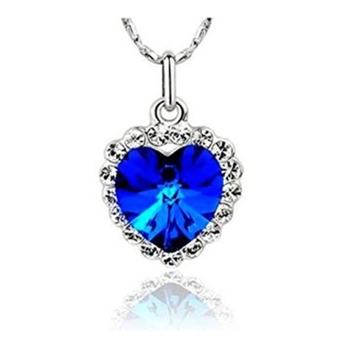 Collier-pendentif femme argent plaqué Or blanc Cristal Swarovski Coeur de l'Océan du film Titanic-Bleu fonce-Cadeau classique