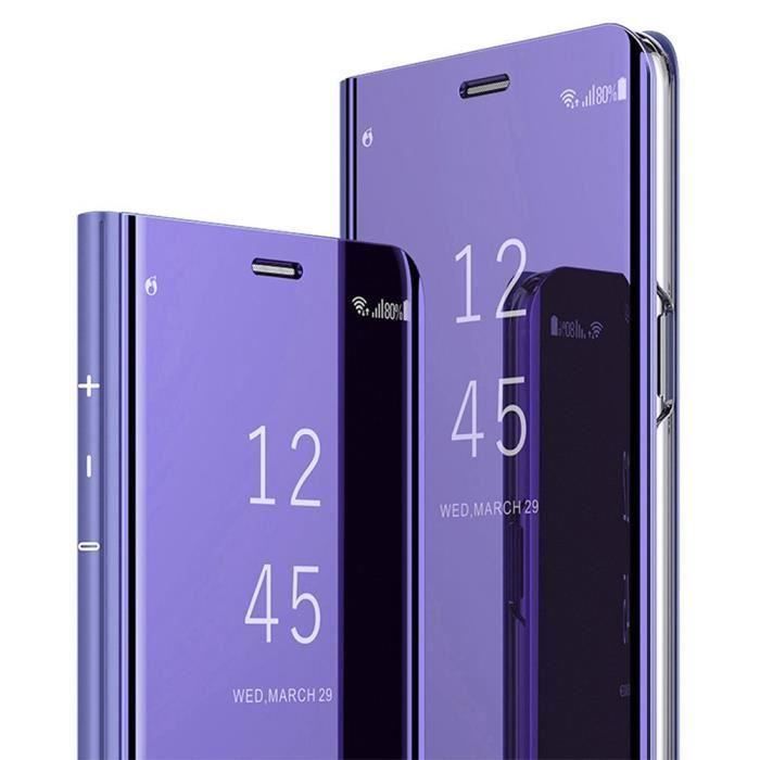 Coque Honor 9 Lite, Violet Bling Clear View Cuir Miroitant Silicone Souple Durable Ultra-fin Support Anti-Rayure