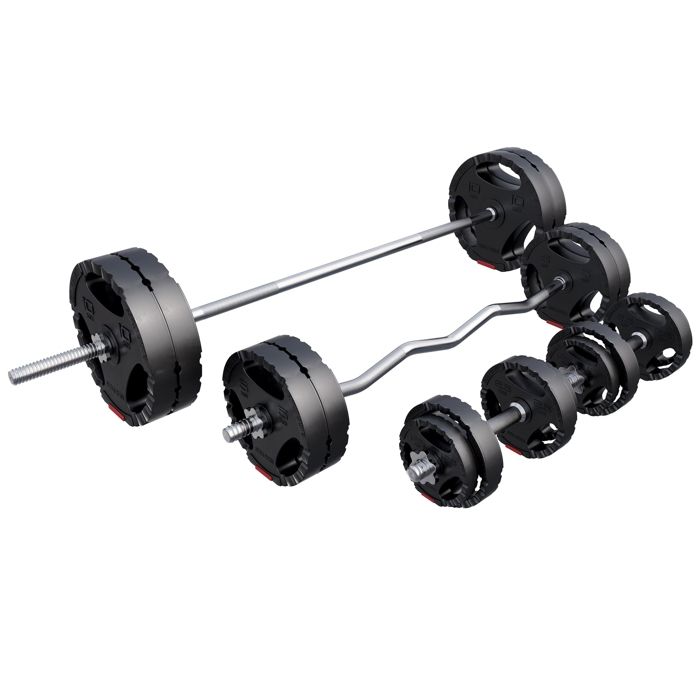 Set d'haltères 97,5 Kg (disques plastique à poignées + barres)