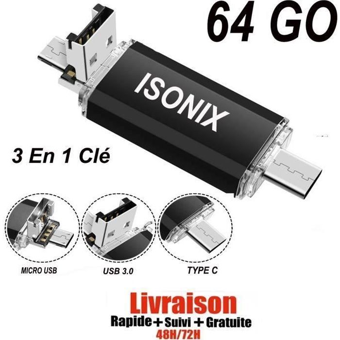 Clé USB 64 GO 3 en 1 Micro Usb Type C et USB Drive Pour tous Android Smartphones Tablette PCs