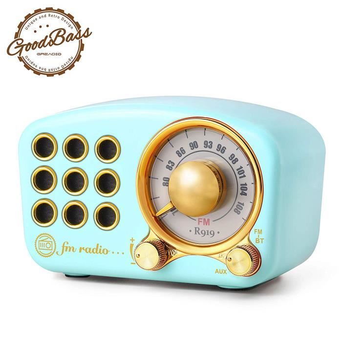 Radio Portable Vintage, Haut-Parleur Bluetooth rétro, Radio FM en Bois de Noyer avec Style Classique, Carte AUX TF et Lecteur MP3 Bl