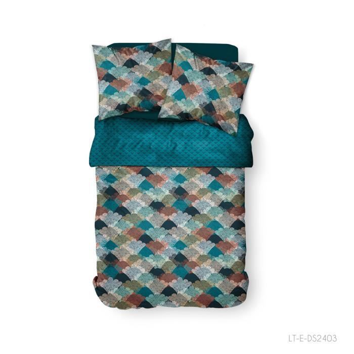 Parure de lit 2 personnes 220X240 Coton imprime bleu Graphique SUNSHINE