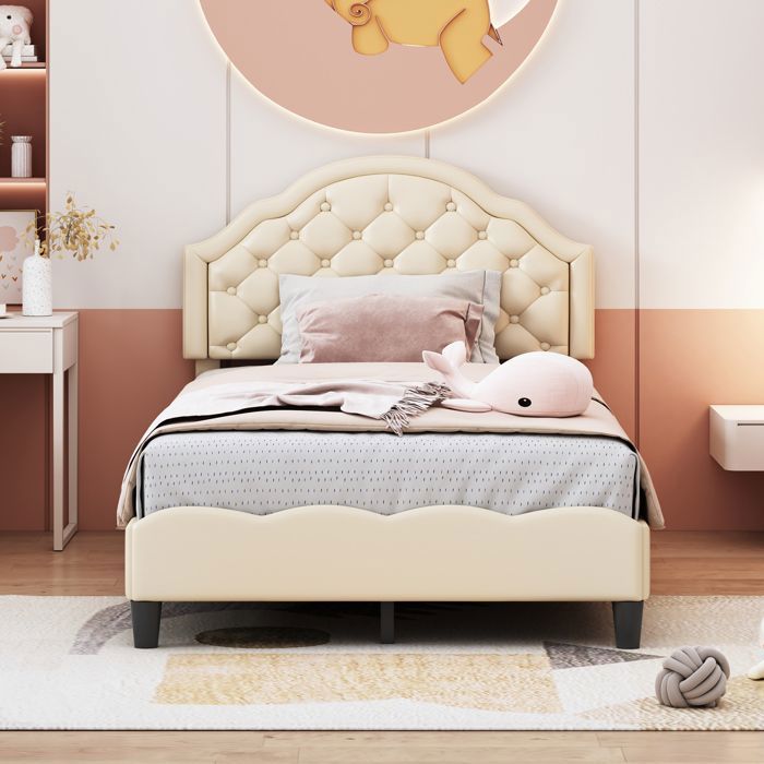 lit enfant 90x200 cm, lit simple avec sommier à lattes, pu cuir, beige