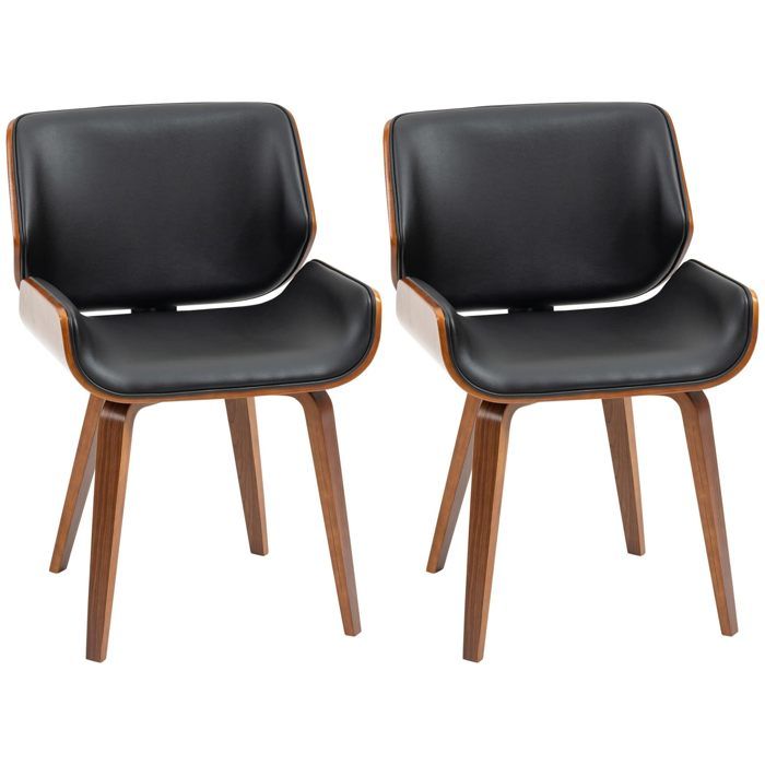 lot de 2 chaises en bois - assise revêtement synthétique noir - style vintage - meubles salle à manger cuisine salon