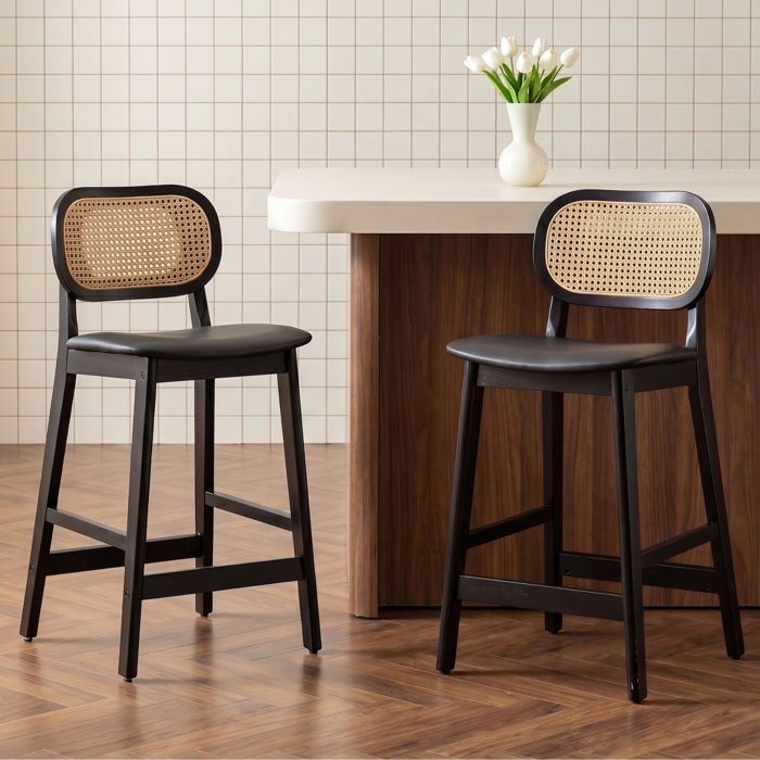Wahson Tabouret de Bar Lot de 2 Tabouret Chaise de Bar en Bois et Cannage avec Coussin Imperméable pour Cuisine Cuir PU Noir
