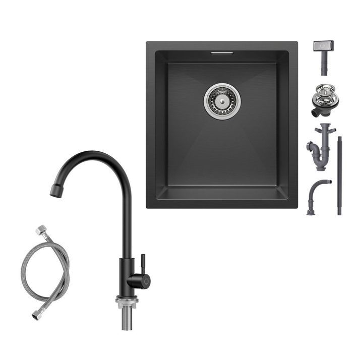 40x44cm Évier de Cuisine sous plan inox+froide robinet Noir