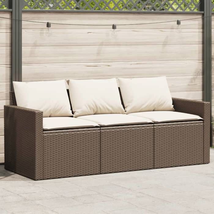 Canapé De Jardin 3 Places En Bois D'acacia - Avec Coussins Blanc Crème - Meuble Terrasse, Extérieur