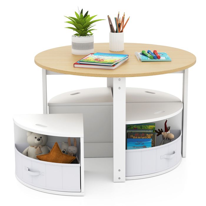 Ensemble Table et Chaises pour Enfants - COSTWAY - 4 Tabourets - 4 Tiroirs en Tissu pour Activités Jeux Art Lecture Naturel