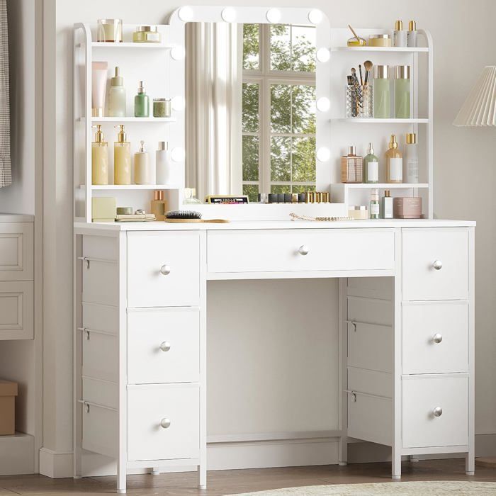 Coiffeuse avec éClairage LEDCoiffeuse avec Grand Miroir HD 7 Tiroirs et 6 éTagèRes De RangementDressing De ChambreModerne Blanc