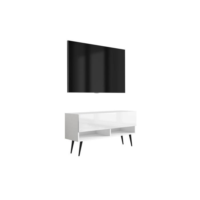 Meuble TV : Blanc Mat / Blanc Brillant pieds obliques noirs 100 × 32 × 52 cm